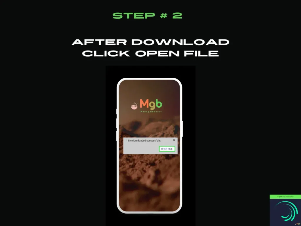 Visual representation on mobile phone screen on How to Install Alight Motion 3.9.0 mod APK Step 2. Click open file.