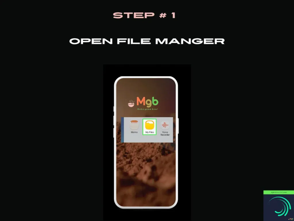Visual representation on mobile phone screen on How to install Alight Motion 3.9.0 mod APK from the file manager step 1. Open My Files.