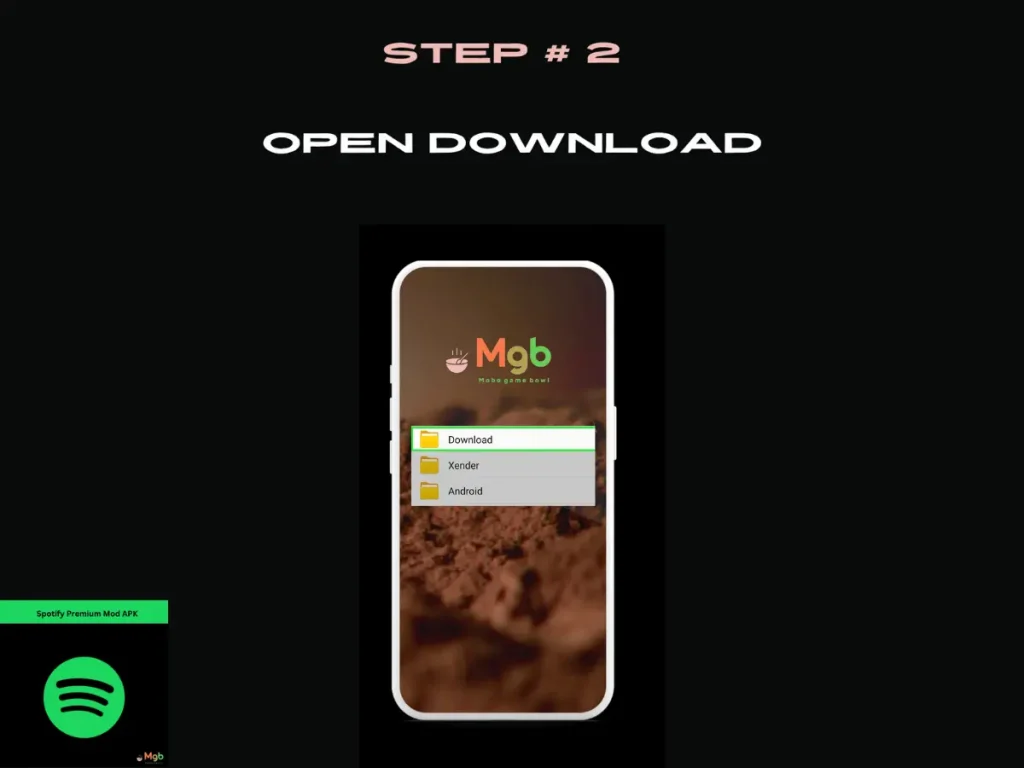 Visual representation on mobile phone screen on How to install Spotify Premium Mod APK from the file manager step 2. Open Download.