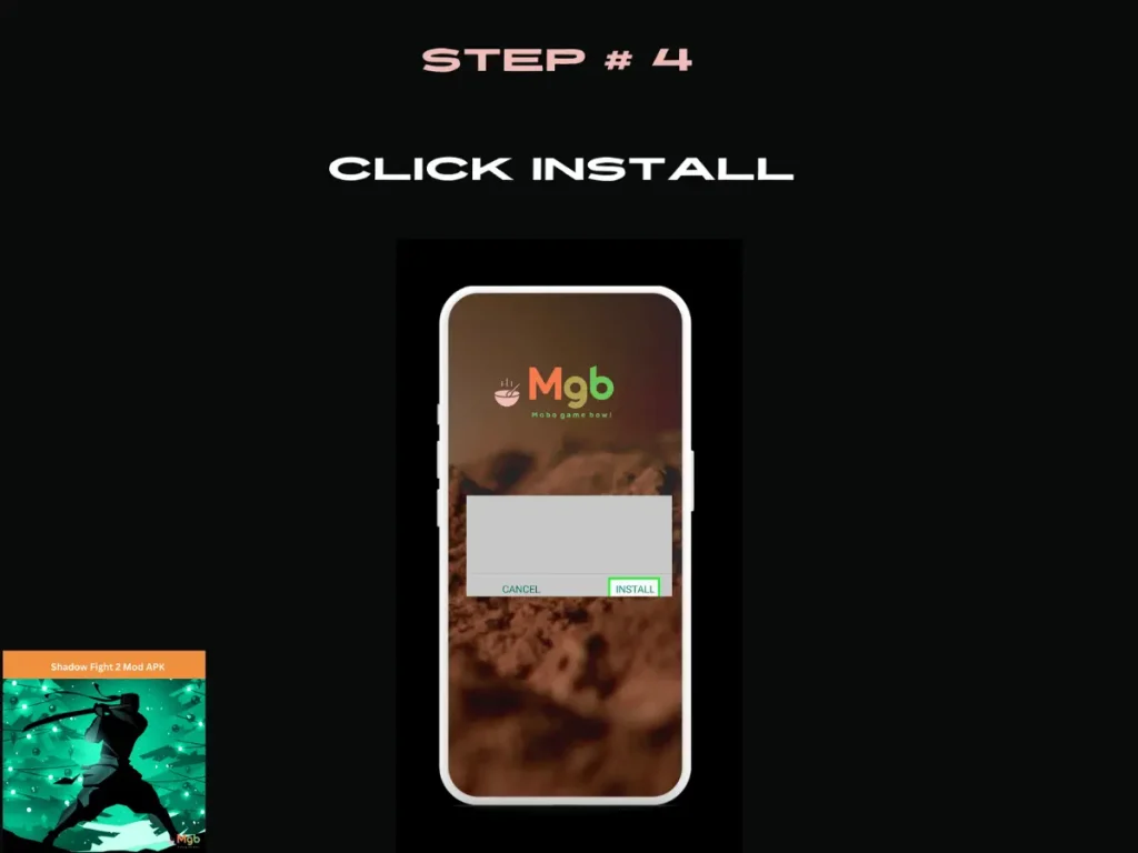 Visual representation on mobile phone screen on How to install Shadow Fight 2 Mod APK from the file manager step 4 Click Install