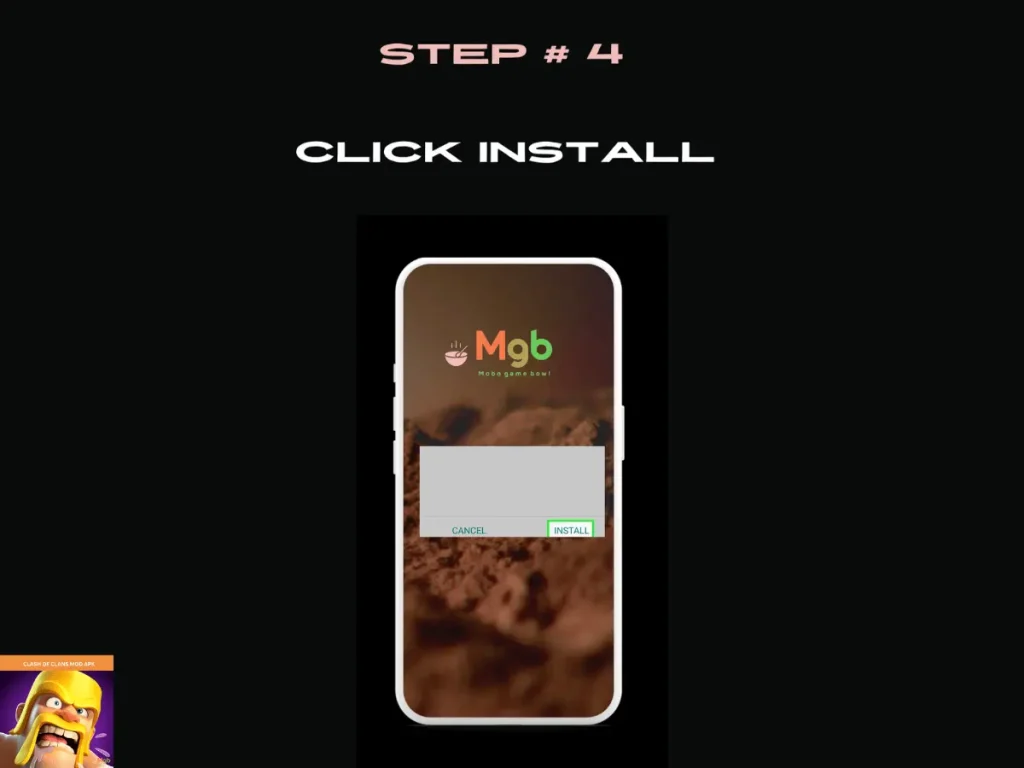 Visual representation on mobile phone screen on How to install Clash of Clans Mod APK from the file manager step 4 Click Install