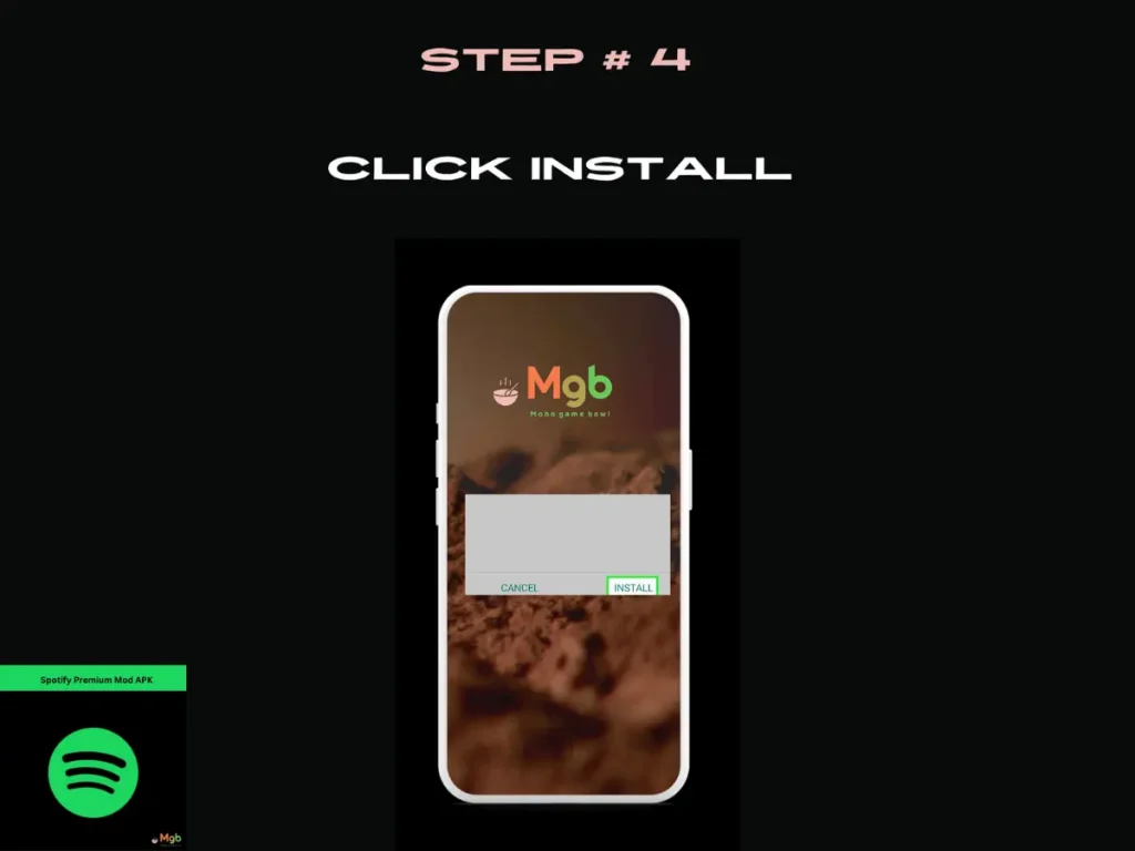 Visual representation on mobile phone screen on How to install Spotify Premium Mod APK from the file manager step 4 Click Install