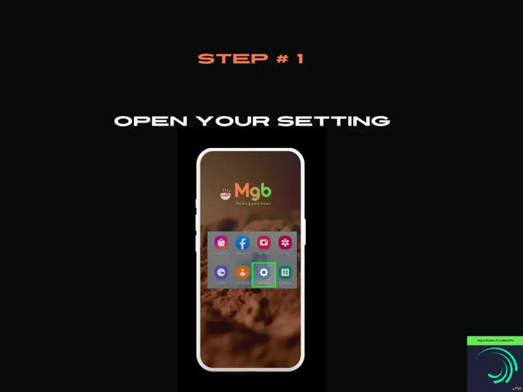 Visual representation on the mobile phone screen on How to download Alight motion 3.7.1 mod APK Step 1 open setting.