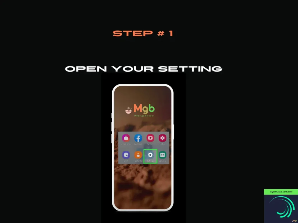 Visual representation on the mobile phone screen on How to download Alight Motion mod APK 3.4.3 Step 1 open setting.