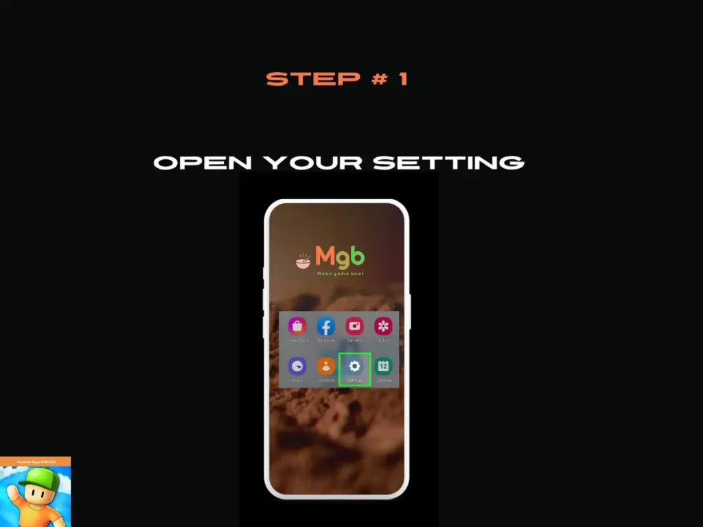 Visual representation on the mobile phone screen on How to download Stumble Guys Mod APK Step 1 open setting.