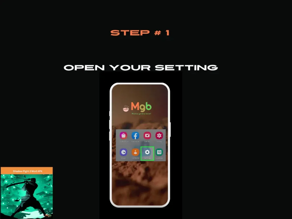 Visual representation on the mobile phone screen on How to download Shadow Fight 2 Mod APK Step 1 open setting.
