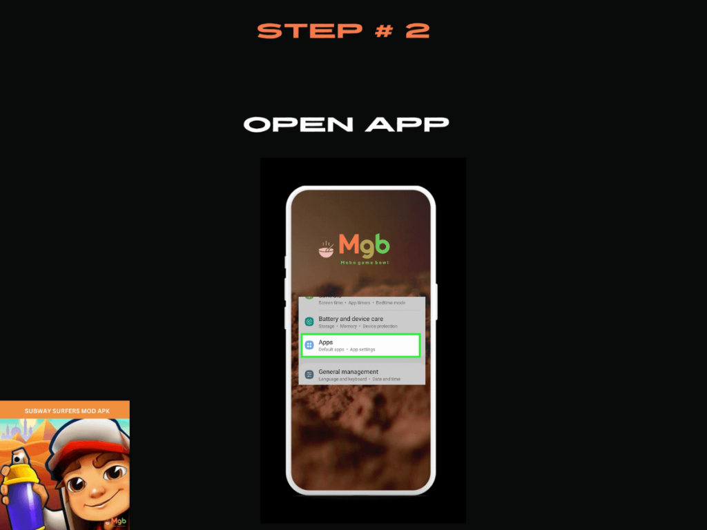 Visual representation on mobile phone screen on How to download Subway Surfers MOD APK Step 2. Click App
