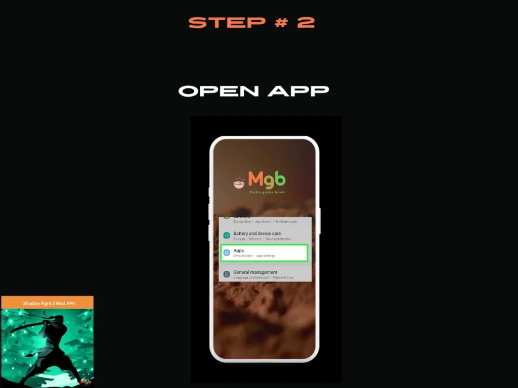 Visual representation on mobile phone screen on How to download Shadow Fight 2 Mod APK Step 2. Click App