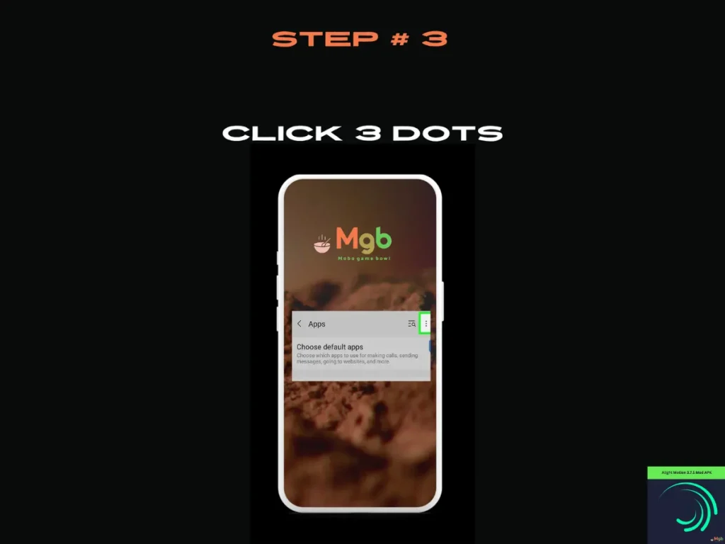 Visual representation on the mobile phone screen on How to download Alight motion 3.7.1 mod APK Step 3. Click 3 dots.