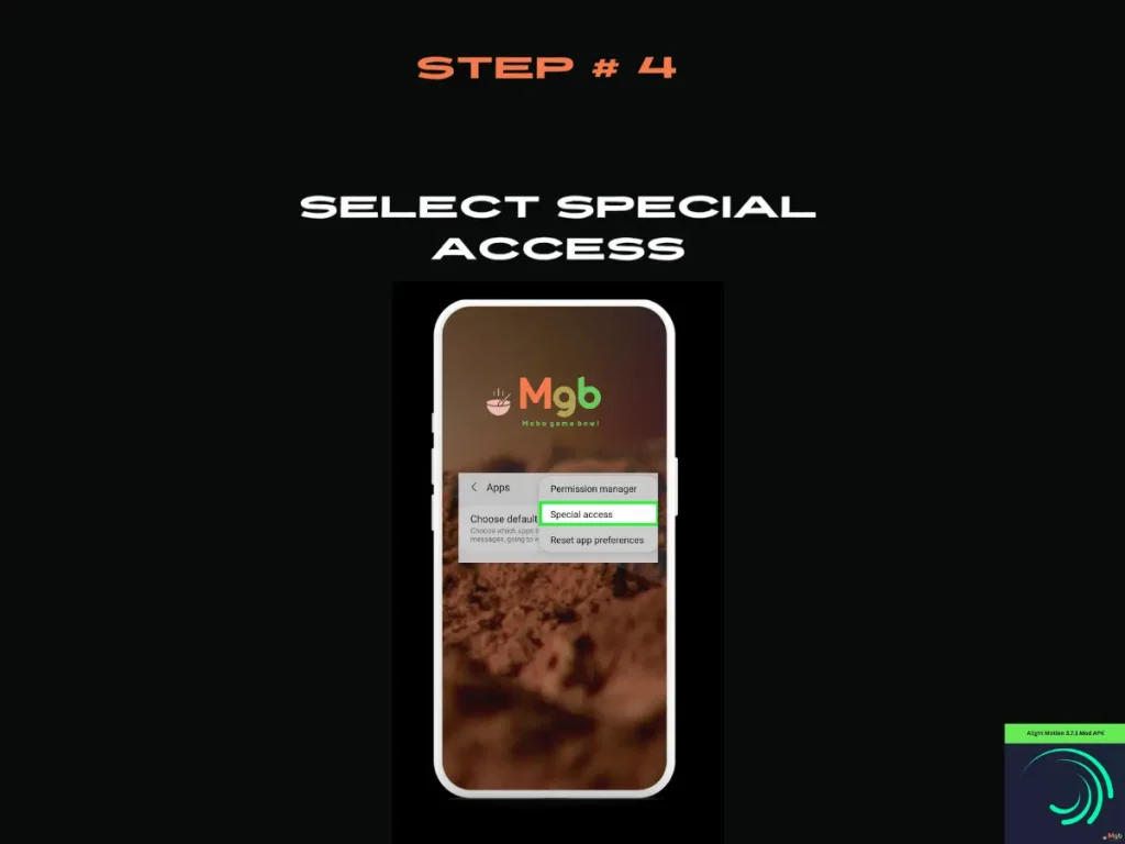 Visual representation on the mobile phone screen on How to download Alight motion 3.7.1 mod APK Step 4 Special access.