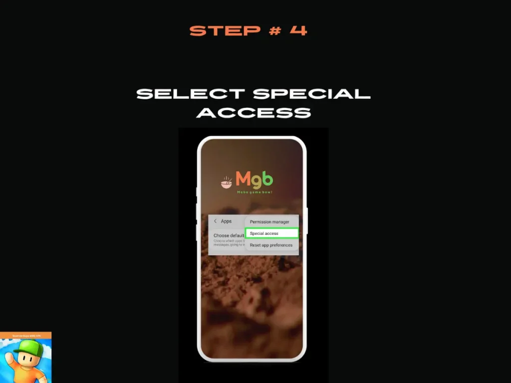 Visual representation on the mobile phone screen on How to download Stumble Guys Mod APK Step 4 Special access.