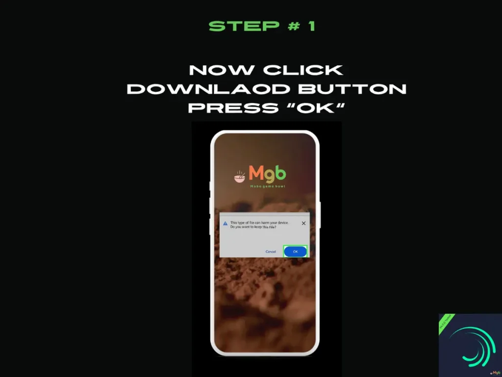 Visual representation on the mobile phone screen on How to Install Alight Motion Mod APK 4.0.0 Step 1. Press OK.