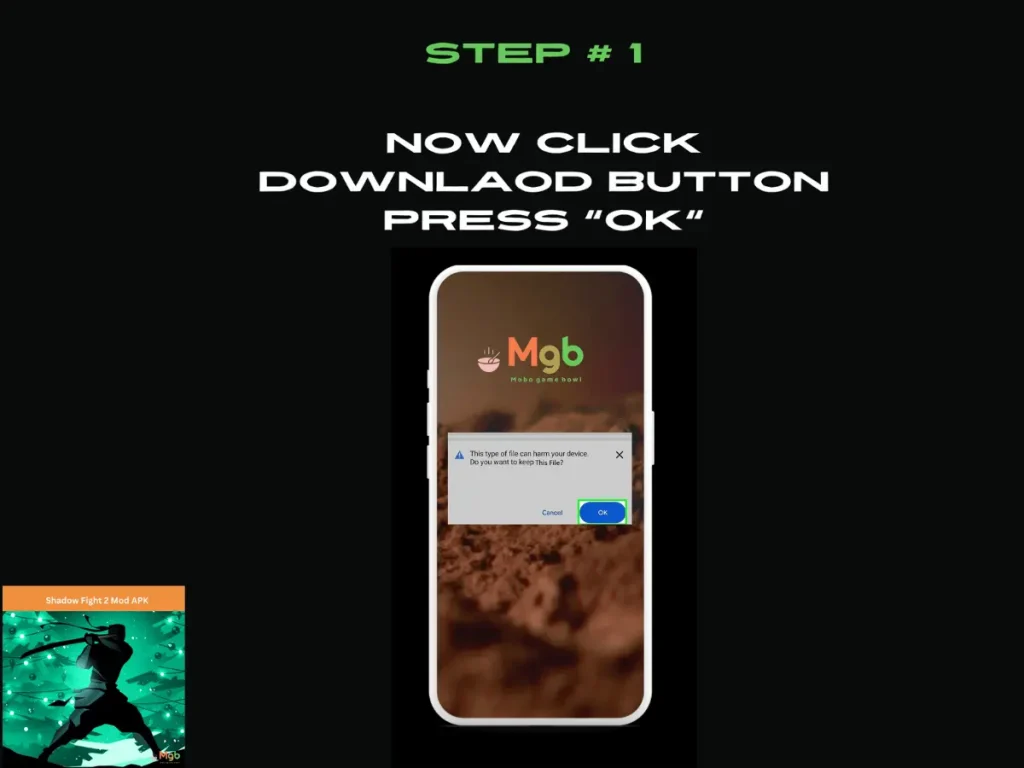 Visual representation on the mobile phone screen on How to Install Shadow Fight 2 Mod APK Step 1. Press OK.