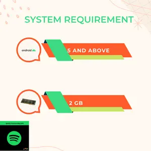 Textual representation on Spotify Premium Mod APK System Requirement which is android 5 and above and GB RAM.