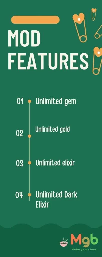 Clash of Clans Mod APK MOD Features Unlimited gem, Unlimited gold, Unlimited elixir, and Unlimited Dark elixir.