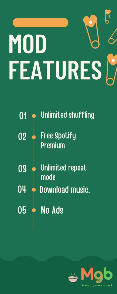 Spotify Premium Mod APK MOD Features No Ads, Unlimited shuffling, Free Spotify Premium, Unlimited repeat mode, and Download music