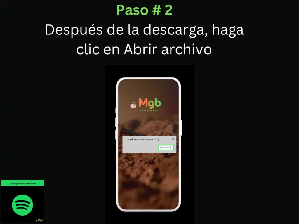 Representación visual en la pantalla del teléfono móvil sobre cómo instalar Spotify Mod APK Paso 2. Haz clic en abrir archivo.