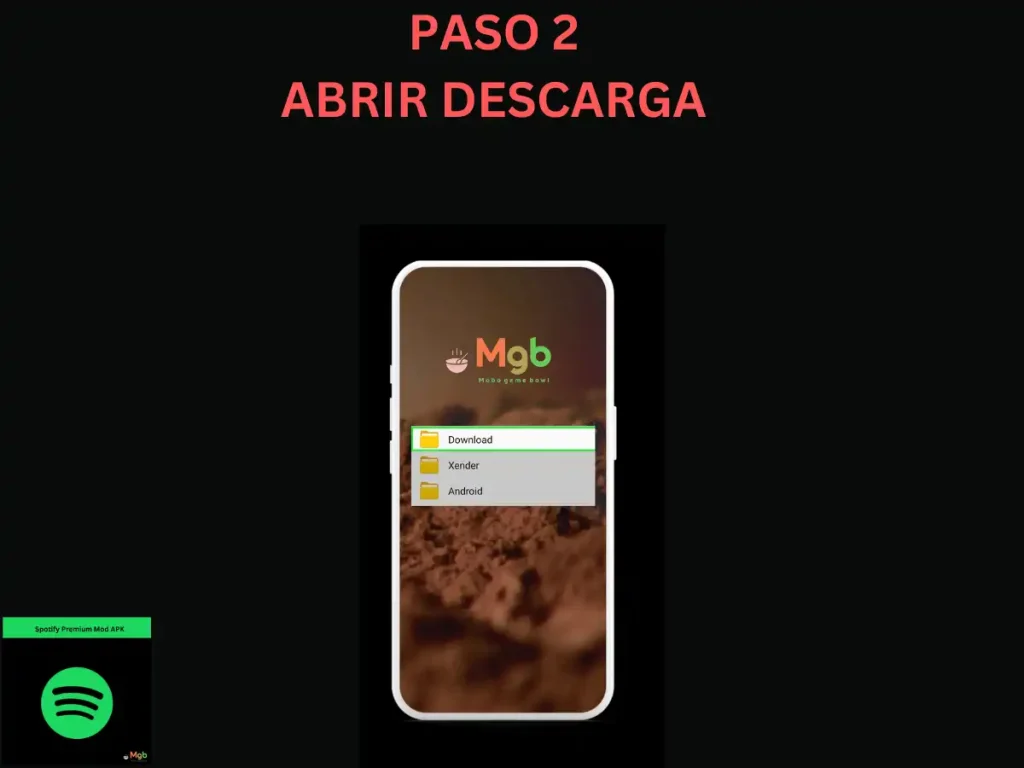 Representación visual en la pantalla del teléfono móvil sobre cómo instalar Spotify Mod APK desde el administrador de archivos paso 2. Abra Descargar.