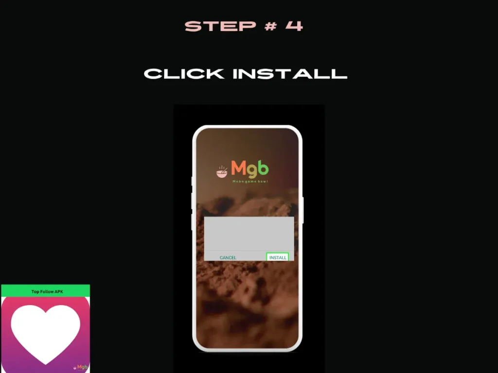 Visual representation on mobile phone screen on How to install Top Follow APK from the file manager step 4 Click Install