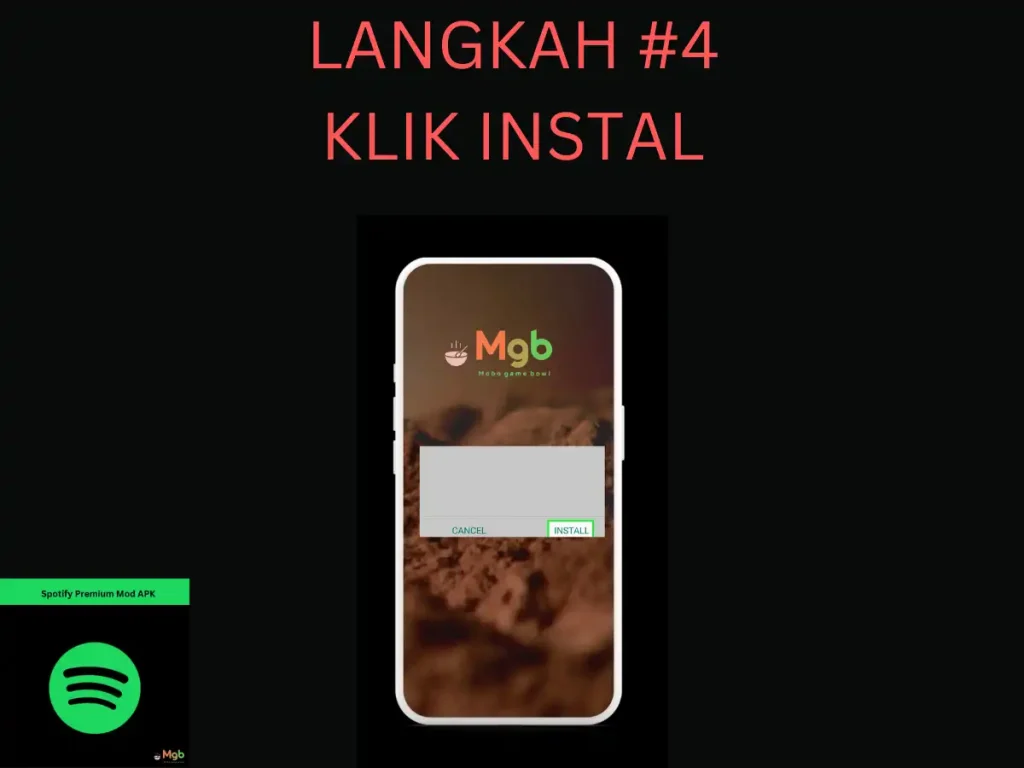 Representasi visual pada layar ponsel tentang Cara menginstal Spotify Mod APK dari file manager langkah 4 Klik Install