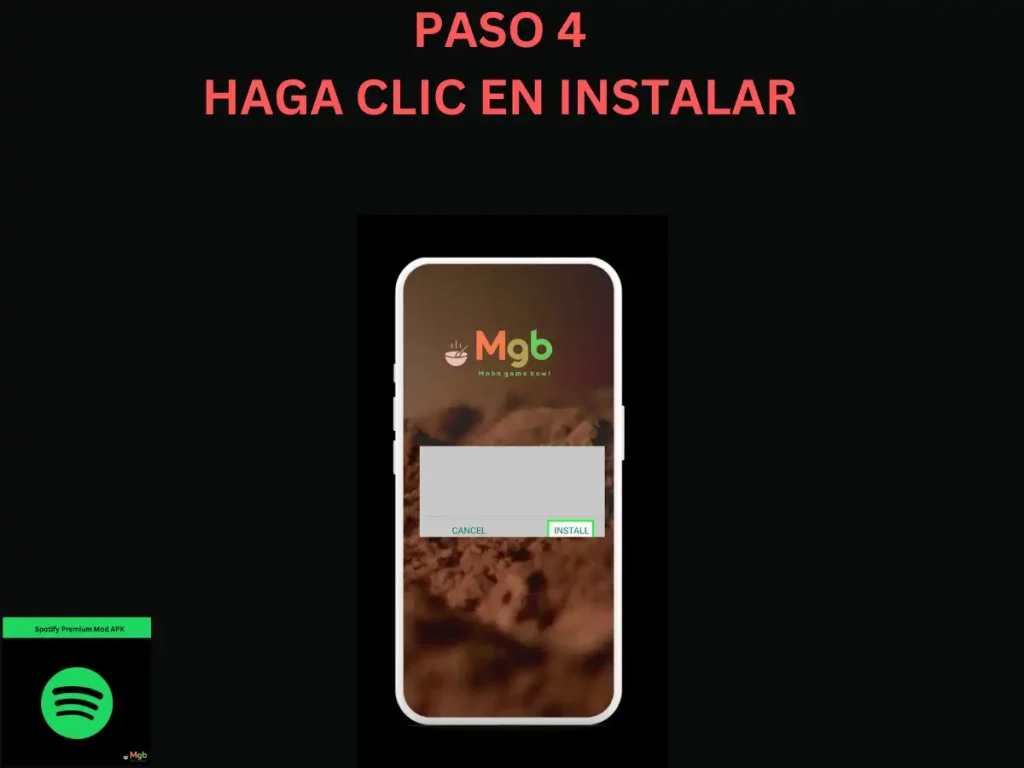 Representación visual en la pantalla del teléfono móvil sobre cómo instalar Spotify Mod APK desde el administrador de archivos paso 4 Haga clic en Instalar