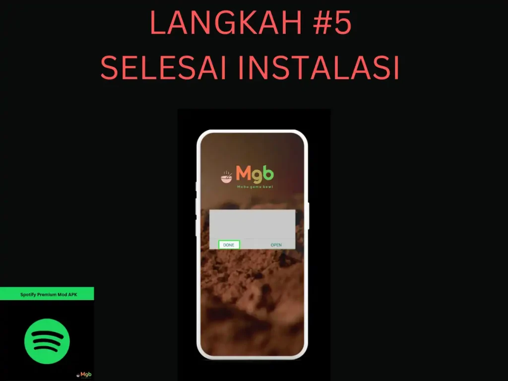 Representasi visual di layar ponsel tentang Cara menginstal Spotify Mod APK dari file manager langkah 5 klik selesai.