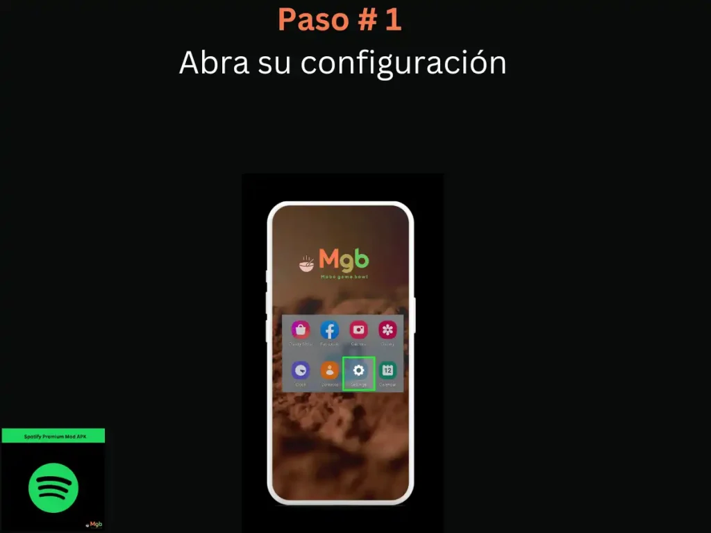 Representación visual en la pantalla del teléfono móvil en Cómo descargar Spotify Mod APK Paso 1 configuración abierta.