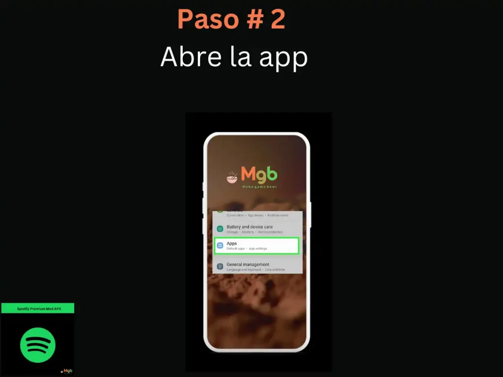 Representación visual en la pantalla del teléfono móvil en Cómo descargar Spotify Mod APK Paso 2. Haz clic en Aplicación