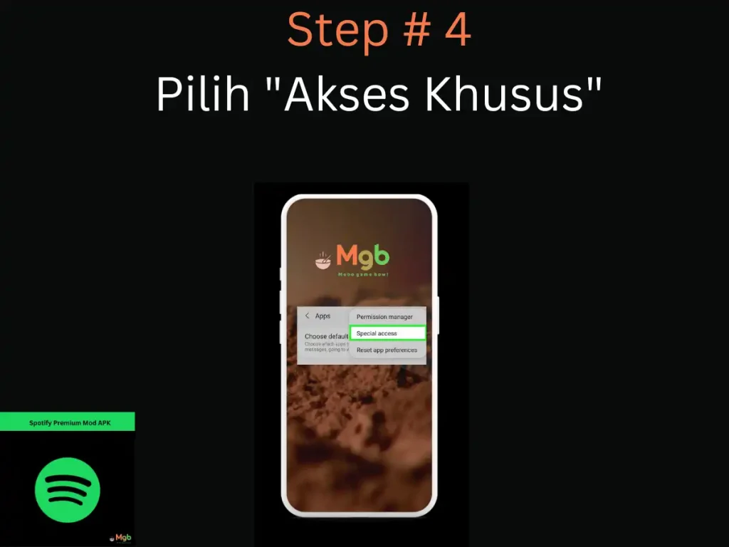 Representasi visual di layar ponsel tentang Cara mengunduh Spotify Mod APK Langkah 4 Akses khusus.