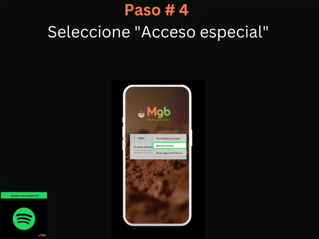 Representación visual en la pantalla del teléfono móvil en Cómo descargar Spotify Mod APK Paso 4 Acceso especial.
