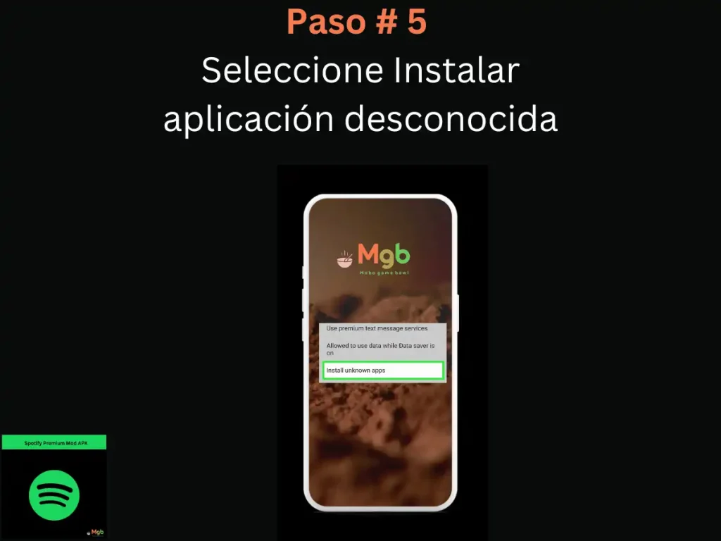 Representación visual en la pantalla del teléfono móvil en Cómo descargar Spotify Mod APK Paso 5 Permita el acceso desde esta fuente.