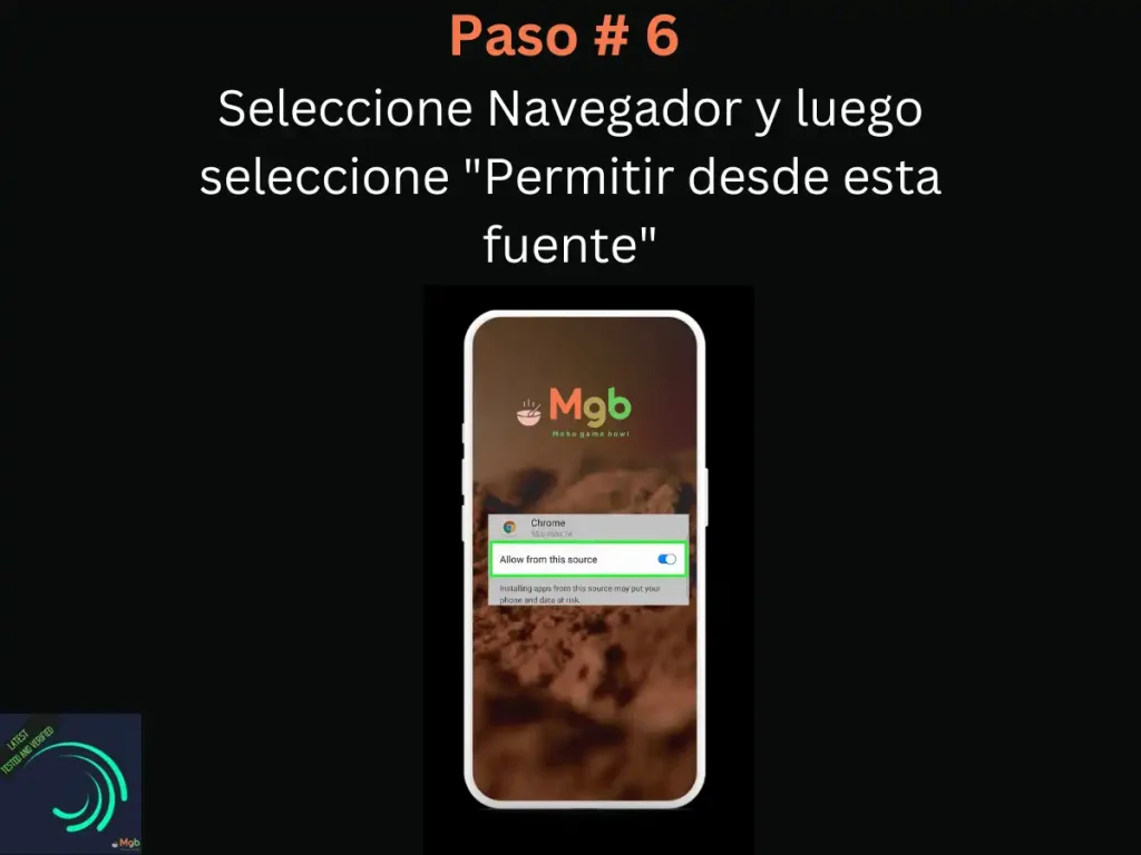 Representación visual en la pantalla del teléfono móvil en Cómo descargar Alight Motion Mod APK Paso 6 Permitir el acceso desde esta fuente.
