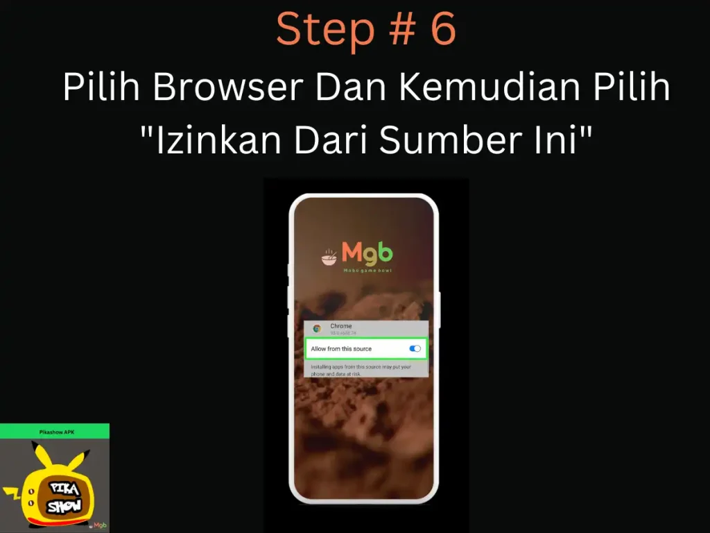 Representación visual en la pantalla del teléfono móvil en Cómo descargar Pikashow APK Paso 6 Permita el acceso desde esta fuente.