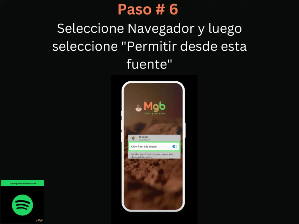 Representación visual en la pantalla del teléfono móvil en Cómo descargar Spotify Mod APK Paso 6 Permita el acceso desde esta fuente.