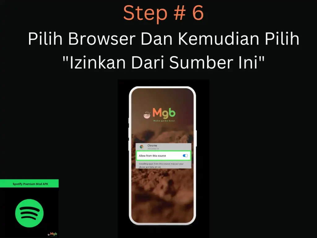 Representasi visual di layar ponsel tentang Cara mengunduh Spotify Mod APK Langkah 6 Izinkan akses dari sumber ini.