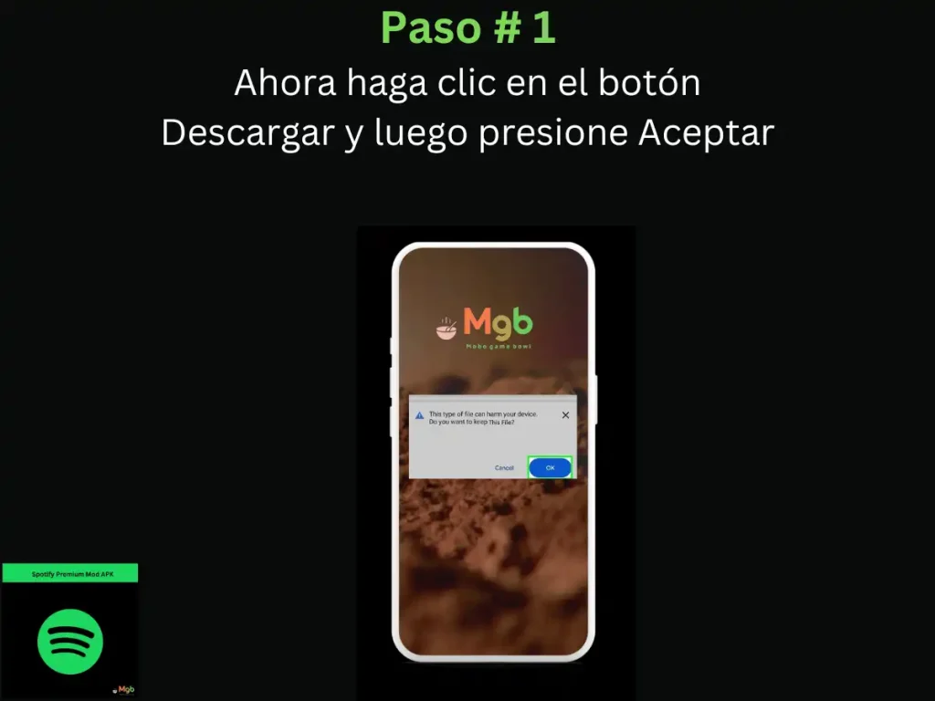 Representación visual en la pantalla del teléfono móvil sobre Cómo instalar Spotify Mod APK Paso 1. Presione Aceptar.