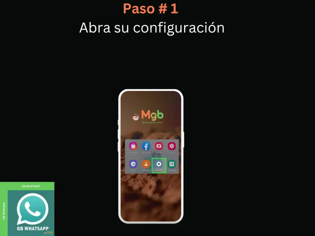Representación visual en la pantalla del teléfono móvil en Cómo descargar GB Whatsapp APK Paso 1 configuración abierta.