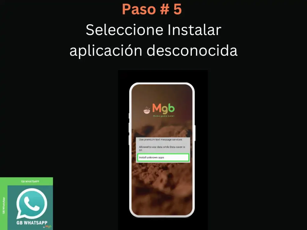 Representación visual en la pantalla del teléfono móvil en Cómo descargar GB Whatsapp APK Paso 5 Permitir el acceso desde esta fuente.
