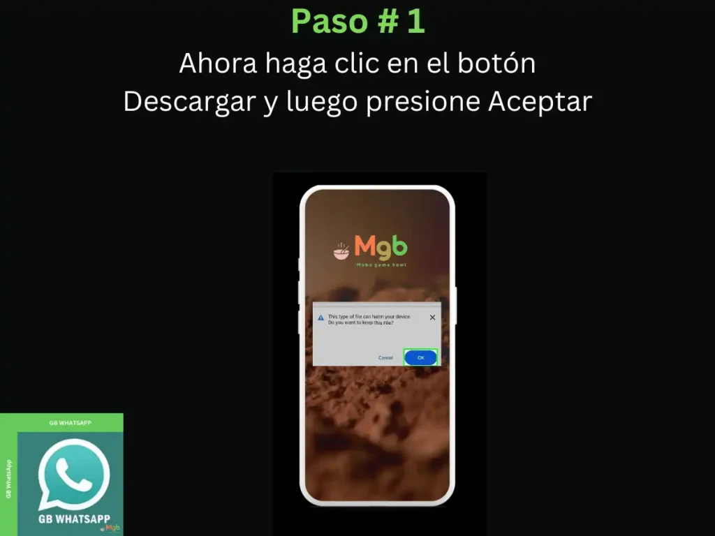 Representación visual en la pantalla del teléfono móvil en Cómo instalar GB Whatsapp APK Paso 1. Presione Aceptar.